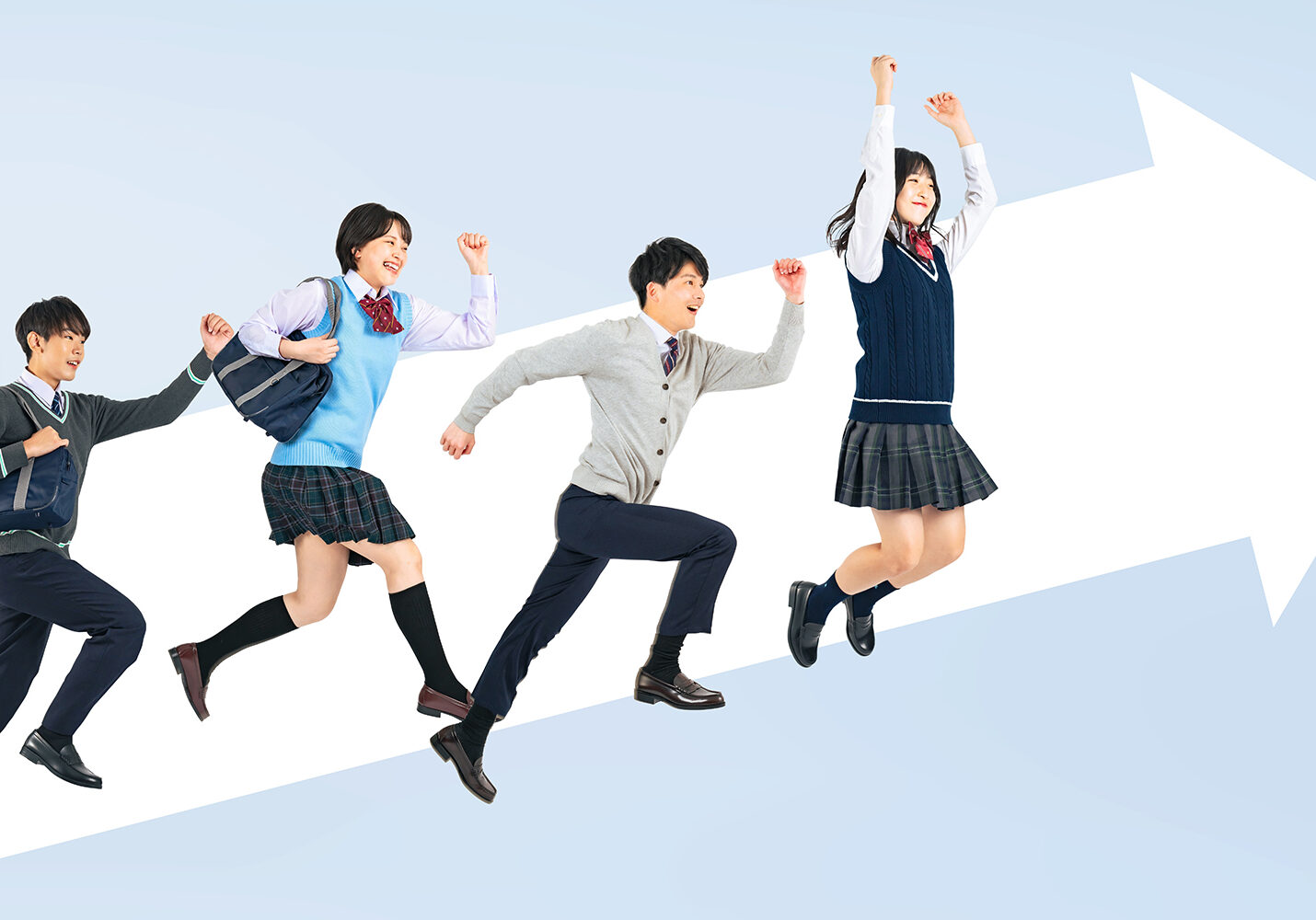 Group of Asian students jumping upwards.